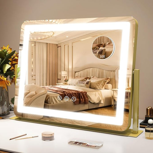 ROLOVE Gold Vanity Mirror with Lights - Smart Touch Dimming, 3-Color Lighting, 360° Rotatable Desktop Makeup Mirror for Desk, 22"x17"