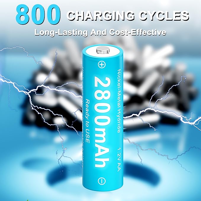 8 Pack Rechargeable Ni-MH Batteries AA with Charger, 1.2V 2800mAh Ni-MH AA Battery,Double A NiMH Battery,Rechargeable up to 800 Times,Pre-Charged (White+Blue, 8AA+8Slot Charger)