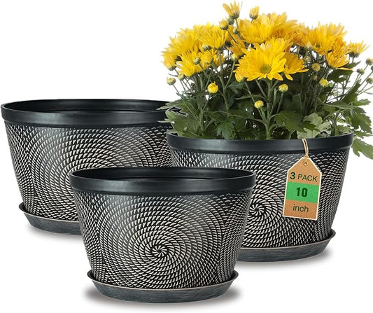 Quarut 10 Inch Flower Pots,3 Pack Planters for Outdoor Indoor | Plastic Plant Pots with Drainage Hole & Tray, Modern Decorative Garden Pot with Saucer, planters for House (Drak Bown)