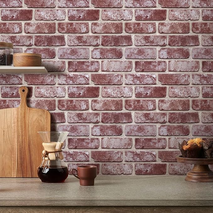 COMSTICKC 3D Faux Brick Wall Panels Peel and Stick Wall Covering,10 Pcs of 12"X12", Not Real Brick, Small Size,Thin PVC 3D Fake Brick for Interior Decor, Whitewash Red