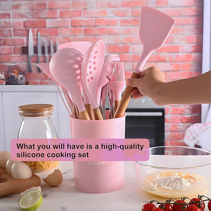Kitchen Silicone Cooking Utensil Set with Wooden Handles Holder, Great for Cooking, Mixing, Scoop, Scrape, Non stick Heat Resistant (Pink -12pcs Sets)