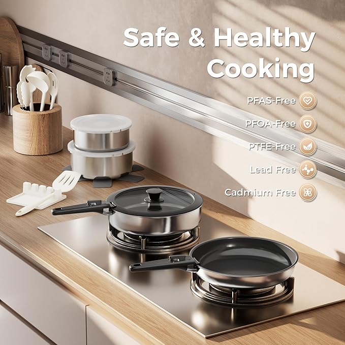 Sanho 21-Piece Pots and Pans Set, Healthy Ceramic Nonstick Cookware with Detachable Handles, Non-Toxic 4-Layer Stainless Steel & Aluminum Core, Induction RV Kitchen Set, Dishwasher & Oven Safe, Black