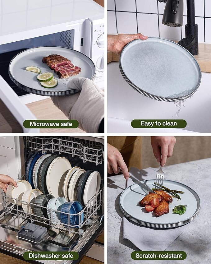 Famiware Star 24-Piece Plates and Bowls Set with Trim, Service for 8 - Stoneware Reactive Glaze Dinnerware, High Edge Ribbed Dishes, Chip & Scratch Resistant, Microwave & Dishwasher Safe, Smoky Blue