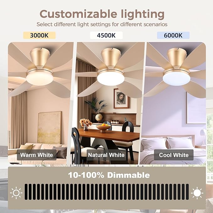 GJeg Ceiling Fans with Lights,42" Low Profile Ceiling Fan with Light and Remote Control,Flush Mount, Reversible, Dimmable, Noiseless,Gold Ceiling Fan for Bedroom