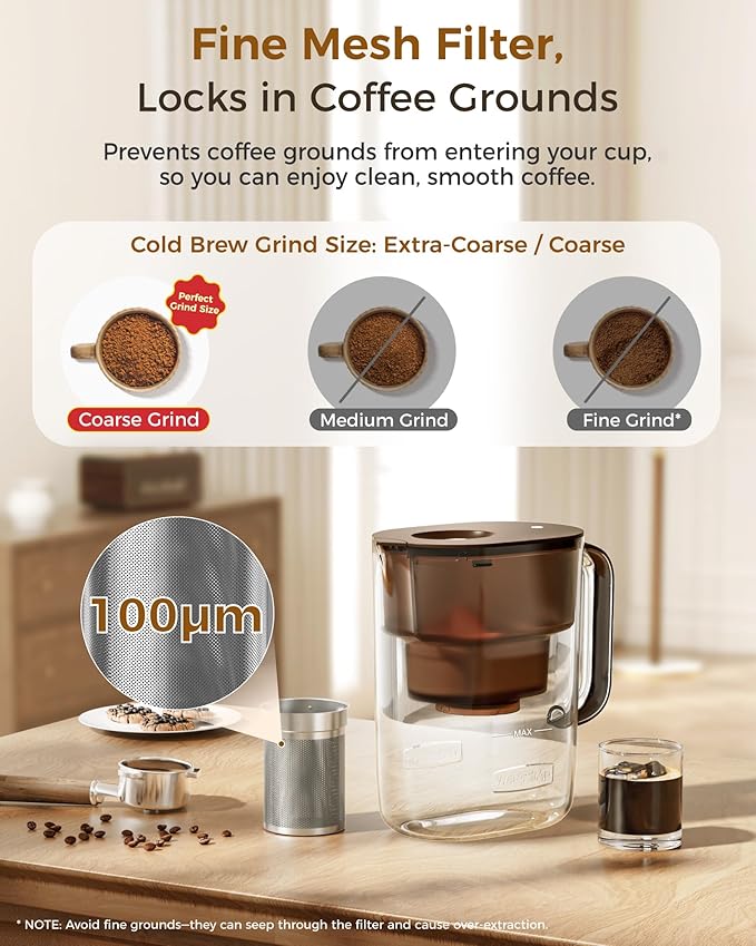 Waterdrop PT-10 Cold Brew Coffee Maker with 1 Magnesium Water Filter for Well-Balanced Acidity, Unlocks Aroma, BPA-Free Cold Brew Pitcher, Stainless Steel Filter for Iced Coffee, Tea, Lemonade, Brown