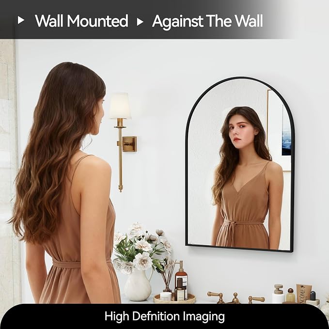 SCWF-GZ 30x20 Arch Mirror Rectangle Wall Mounted Hanging or Against Wall Aluminum Alloy Metal Frame Dressing Make-up Mirrors for Entryway Bedroom Bathroom Living Room 30 20 inch Black