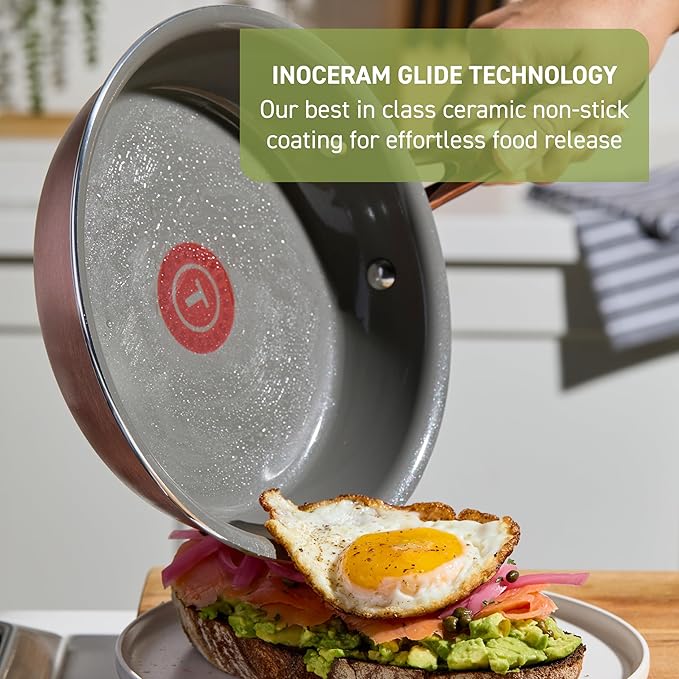T-Fal Preserve Ceramic Nonstick Frying Pan 2-Pc Set, 8.5" & 11", Oven Broiler Safe up to 350°F Cookware, InoCeram Glide Technology, Skillet, Pots & Pans, Rose Gold