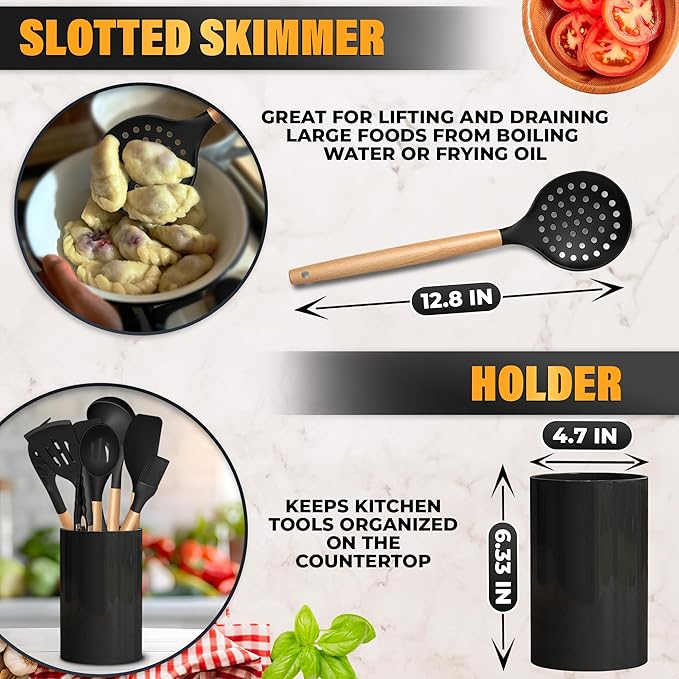 14 Pcs Black Kitchen Utensils Set with Holder for Nonstick Cookware - Silicone Cooking Utensils Set, Kitchen Tools for Daily Cooking - Wooden Handle Cooking Tools for Baking Serving and Mixing Tasks