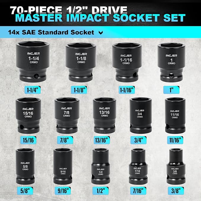 1/2" Drive Impact Socket Set, 70 Piece SAE 3/8" to 1-1/4" and Metric 10-24mm, 6 Point Cr-MO Alloy Steel for Auto Repair, Easy-to-Read Size Markings, Rugged Construction, Storage Case