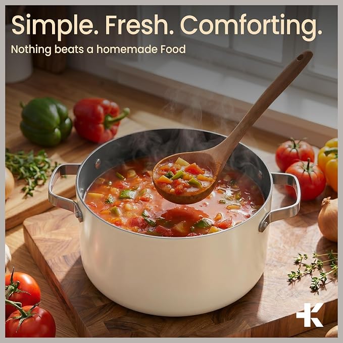 Bakken 16 Quart Ceramic Coated Stock Pot with Lid, Easy Clean Nonstick Pot, Tempered Glass Lid, Riveted Stainless Steel Handles, Oven Safe Up To 500°F, PTFE & PFAS Free, All Stove Compatible, Cream