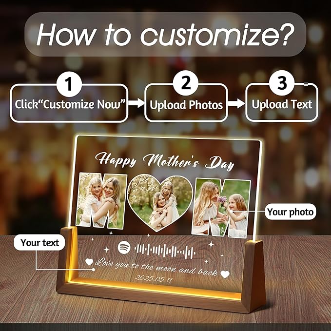 Personalized Mothers Day Birthday Gifts For Mom, Custom Spotify Plaque Mom Gifts From Daughter Son Husband, Light Up Picture Frame With Photo Name Customized Gift For Mama Grandma Wife