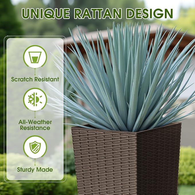 Devoko Resin Tall Planters for Outdoor Plants Set of 2, Large Taper Outdoor Planter Pots with 4 Drainage Holes, Flower Pots Modern Decor for Porch, Patio, Backyard, Garden(Brown, 32" with Trays)