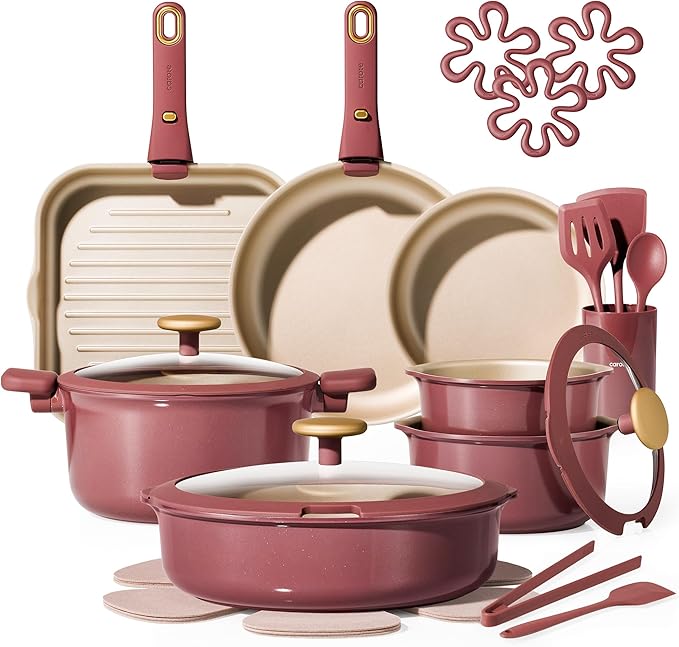 CAROTE 26 Pcs Pots and Pans Set, Nonstick Cookware Sets with Detachable Handle, Titanium Reinforced, Oven Safe, Cookware Non Stick Cooking Set w/Frying Pans & Saucepans Red(PFOS, PFOA Free)