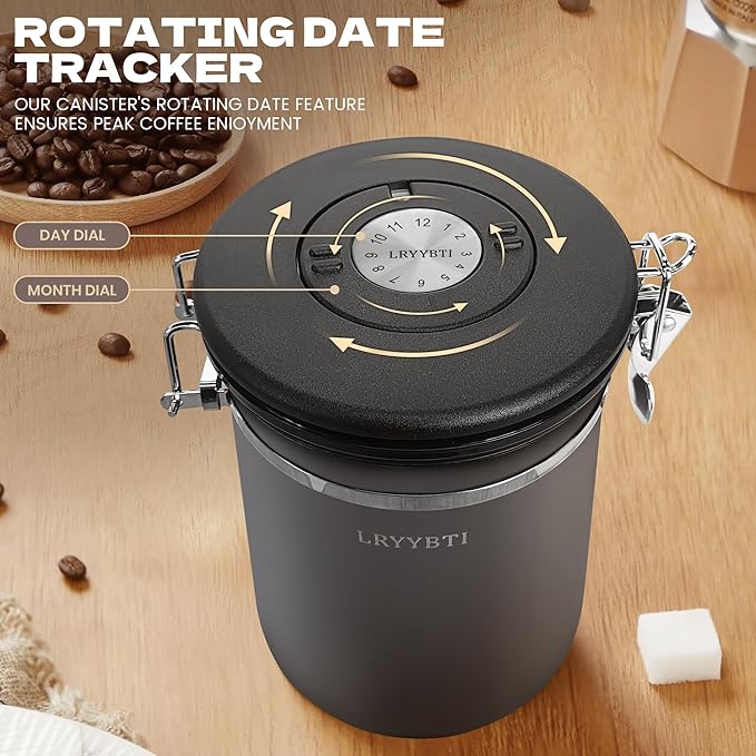 38oz Airtight Coffee Canister,Stainless Steel Coffee Bean Storage Container with Scoop Date Tracker & CO2 Release Valve for Beans, Grounds and more- Gray