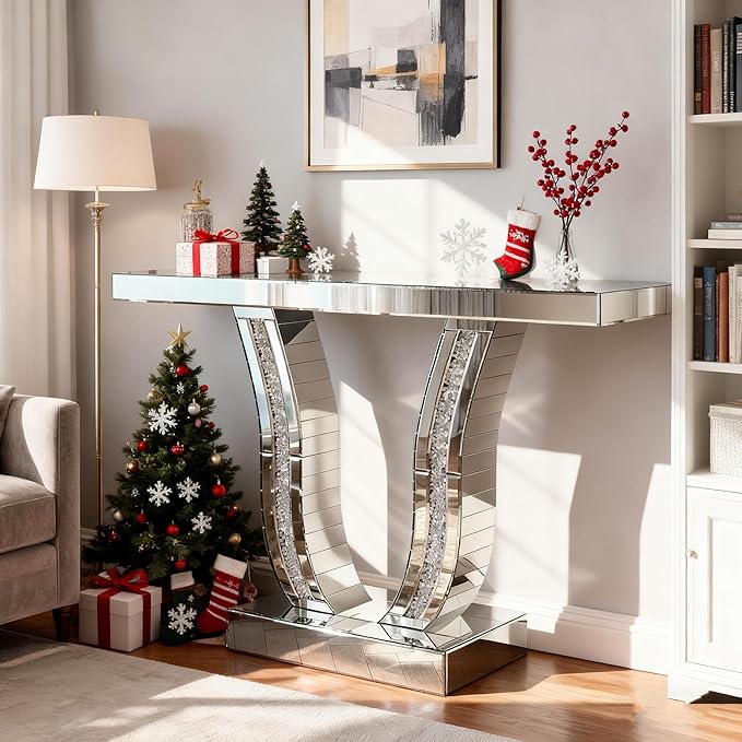 SSLine Modern Mirrored Console Table,43-Inch Silver Mirror Finish Entryway Table with Sparkling Crystal Inlay U-Shape Base Luxury Accent Foyer Tables for Living Room Hallway Entrance