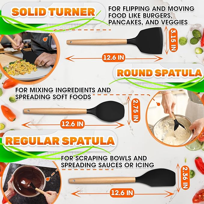 14 PCs Black Silicone Cooking Utensils Set with Holder - Versatile Kitchen Utensils with Sturdy Wooden Handles - Heat Resistance Silicone Kitchen Utensil Set with Holder for All Cooking & Baking Needs