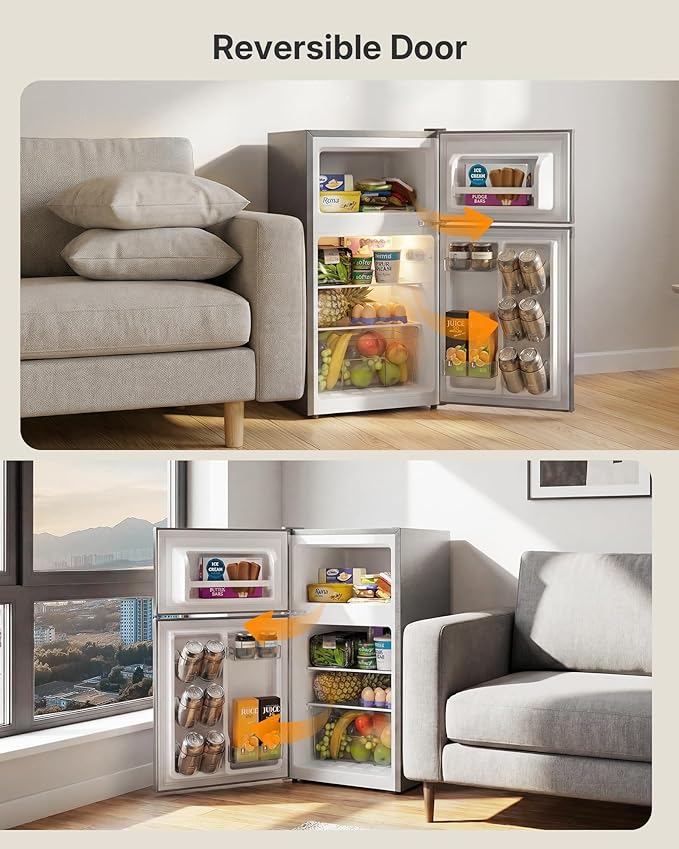 Upstreman 3.1 Cu.Ft Mini Fridge with Freezer, Double Door Small Refrigerator, Adjustable Thermostat, Energy Star Certified Low Noise Mini Refrigerator for Bedroom, Dorm, Apartment Silver-TM31