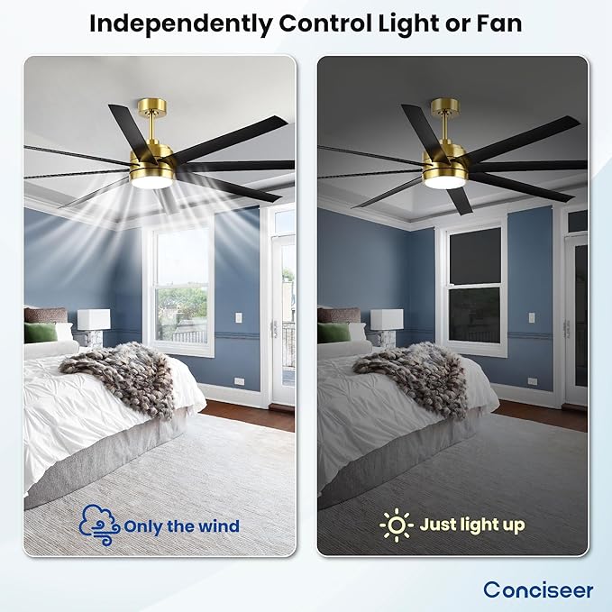 Conciseer 65 Inch Ceiling Fans with Lights and Remote for Bedroom Living Room Kitchen Office, Indoor/Outdoor Use, 6CCT, 8 Blades 6 Speed Reversible Dimmable Quiet DC Motor, Gold/Black