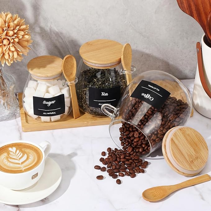 Suclain 3 Pcs Glass Coffee Container with Wooden Lid Spoon Tray Shelf Labels Clear Airtight Glass Jar Storage Container Set for Coffee Beans Tea Leaves Grains Dried Fruits Sugar Spice (16oz 28oz 38oz)
