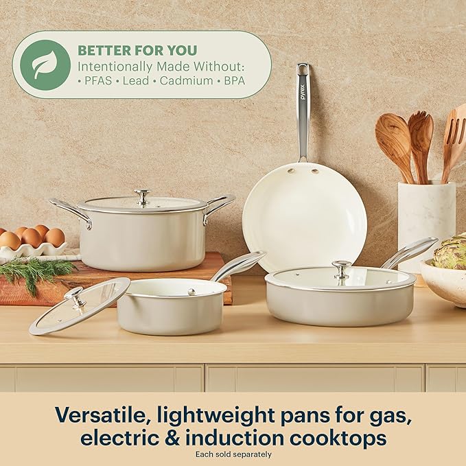 Pyrex 3-Piece Ceramic Cookware Fry Pan & Saucepan Set with Lid & Stainless Steel Handles, Healthy Nonstick Ceramic Coating, Induction Compatible Stainless Steel, PFAS Lead Cadmium BPA Free