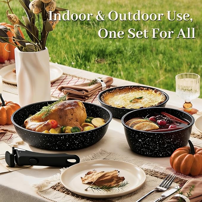 Pots and Pans Set - Non Stick 25 Pieces Cookware Set Pots and Pans with Detachable Handles, Includes Pans, Pots, Utensils, Trivets for Hot Dishes, Lids, Space-Saving Cookware