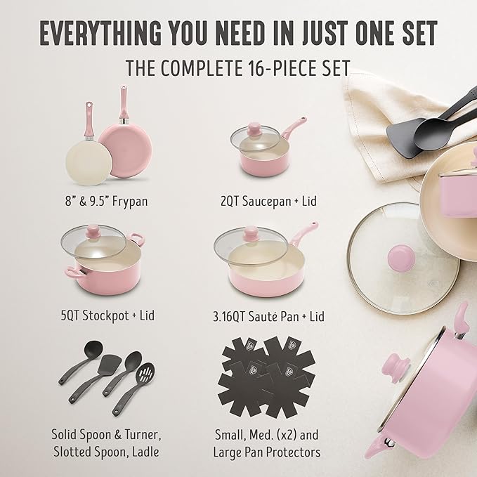 GreenLife 16-Piece Nonstick Cookware Set, Non-Toxic Ceramic Pots and Pans Set, Durable Healthy Kitchen Essentials, Fast Heating, Induction Ready, Easy Clean Dishwasher Safe, PFAS-Free, Blush Pink