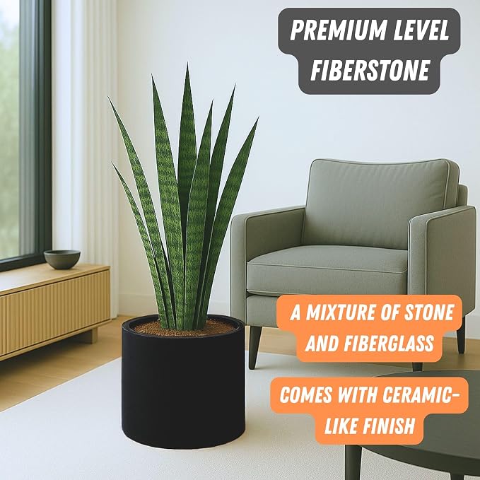 Fox & Fern Large Indoor Planter, Modern Large Plant Pot for Indoor or Outdoor, UV and Frost Resistant - 14.6 Inch, Matte Black Flower Pot with Drainage Plug, Lightweight