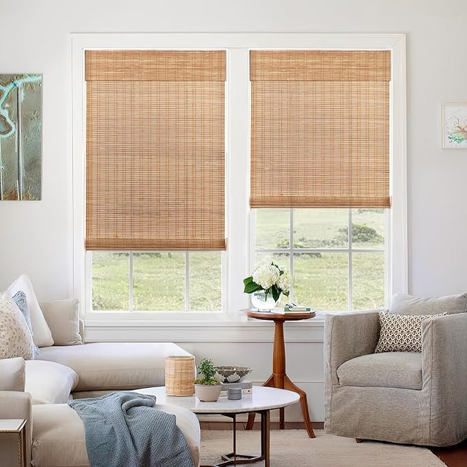LazBlinds No Tools No Drill Cordless Bamboo Roman Shades, Light Filtering Window Treatment, Roll Up Bamboo Blinds for Windows 36'' W x 72'' H, Ceylon Light Russet