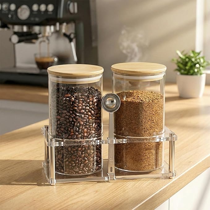 YAGELI Glass Coffee Canister Set with Acrylic Shelf, 2-Pack 44oz Airtight Food Storage Containers, Bamboo Lid & Scoop for Ground Coffee Sugar Tea Nuts Kitchen Pantry