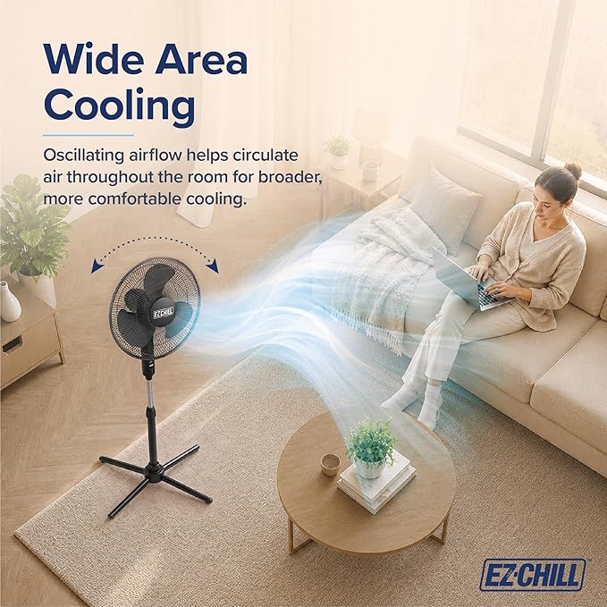 EZ-Chill 16” Oscillating Pedestal Fan, 3-speed Options, 90-Degree Oscillating Head, Adjustable Height and Tilt, Powerful Air Flow, Black, MTFS-16B-BLK