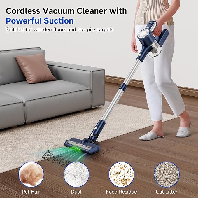 Cordless Vacuum Cleaner: Powerful Suction Stick Vacuum, Anti-Tangle Brush | Portable 6-in-1 Rechargeable Vacuum, Green LED Light, Ideal for Pet Hair, Low-Pile Carpets & Hard Floors-Dark Blue