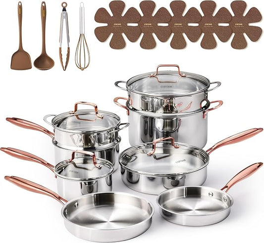 CAROTE 21pcs Tri-Ply Stainless Steel Cookware Set, Pots and Pans Set, Non Toxic Induction Kitchen Cooking Sets, Cookware Collection, Mirror Polish, Gold