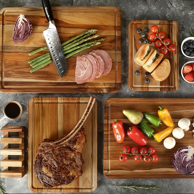 4 Pack Teak Cutting Board Set for Kitchen Wood Cutting Board Heavy Duty Non Toxic Non Slip Solid Thick Wooden Chopping Board