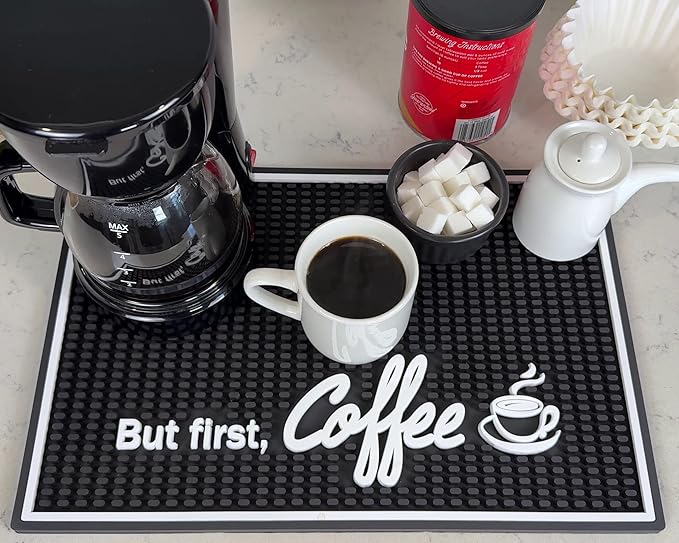 But First Coffee Silicone Bar Mat for Countertop 18x12 in, Coffee Lover Gift, Housewarming Gift, Non-Slip Espresso Machine Mat, Barista Accessories, Bar Decor