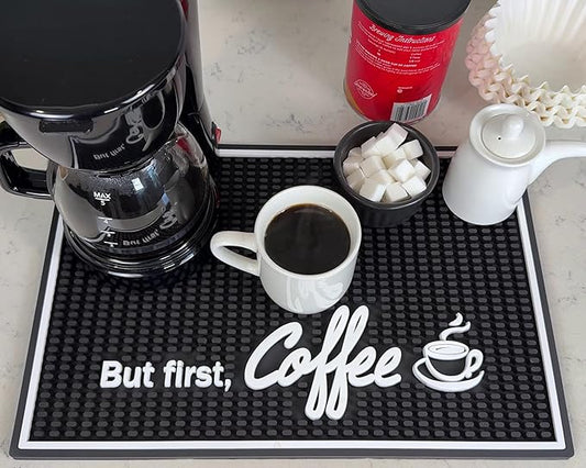 But First Coffee Silicone Bar Mat for Countertop 18x12 in, Coffee Lover Gift, Housewarming Gift, Non-Slip Espresso Machine Mat, Barista Accessories, Bar Decor