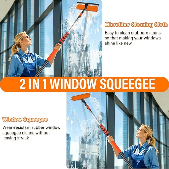 30FT Telescoping Window Squeegee Kit | 2-in-1 Professional Window Washer & Microfiber Scrubber with Extension Pole | High Reach Cleaning Tool for Outdoor, Indoor Windows & Glass
