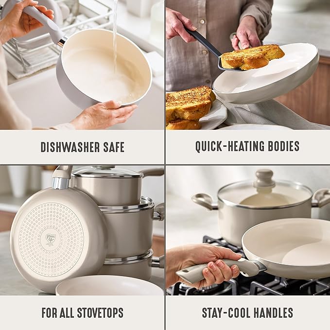 GreenLife 16-Piece Nonstick Cookware Set, Non-Toxic Ceramic Pots and Pans Set, Durable Healthy Kitchen Essentials, Fast Heating, Induction Ready, Easy Clean Dishwasher Safe, PFAS-Free, Beige Taupe