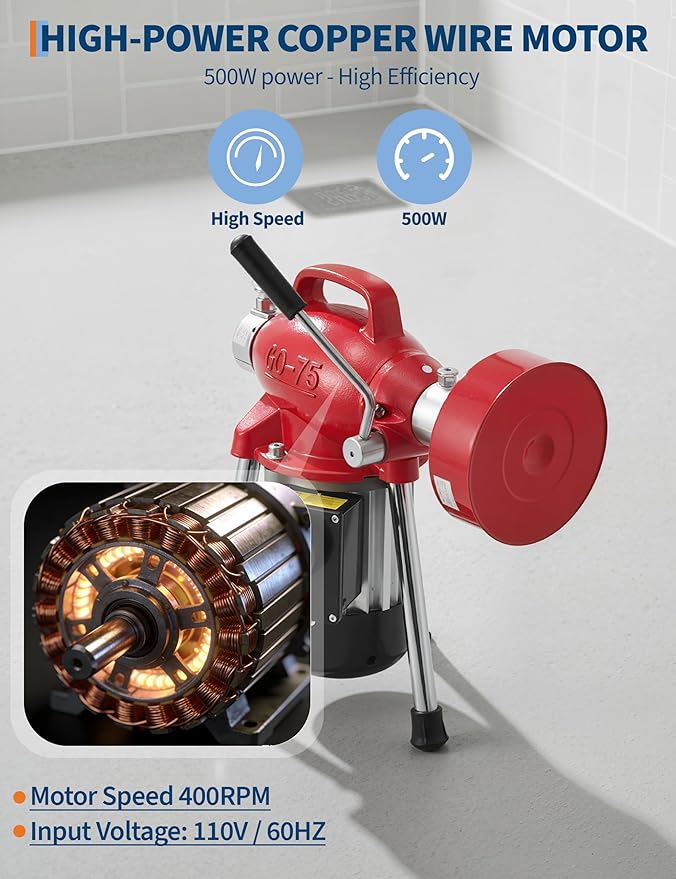 GarveeLife Electric Sewer Snake Drain Auger, Drain Cleaner Machine with 66FT x 5/8" & 16FT x 3/8" Steel Cables, 7 Cutters, 500w Power Auto Feed Pipe Snake for 3/4" to 4" Pipes for Sink Toilet Drainage