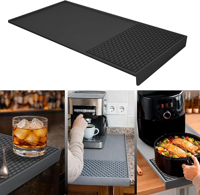 Coffee & Bar Mat For Countertop With "Edge Protection" – Espresso Machine & Coffee Maker Mat – Silicone Heat Resistant Mat – Non-Slip & BPA-Free Food Grade Mat – 12"(Front) x 24"(Length), Black