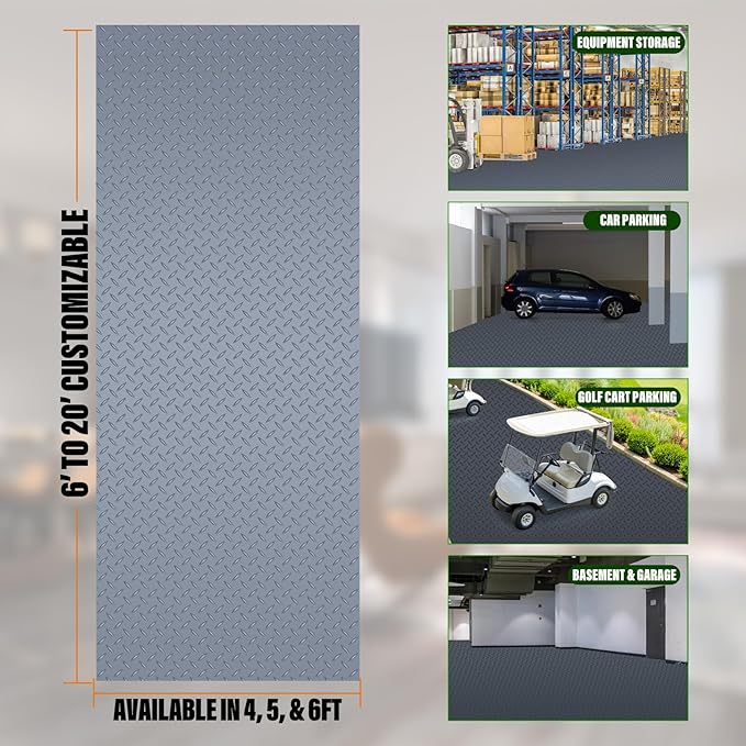 SEAL 4 x 8 Ft Premium Garage Floor Mat, Solid 2.8mm Thick Lay-Flat Gray Commercial Grade Heavy Duty Parking Mat for Garage Floor, Golf Cart, Water/Stain Resistant Runner (Embossed Diamond Plate)