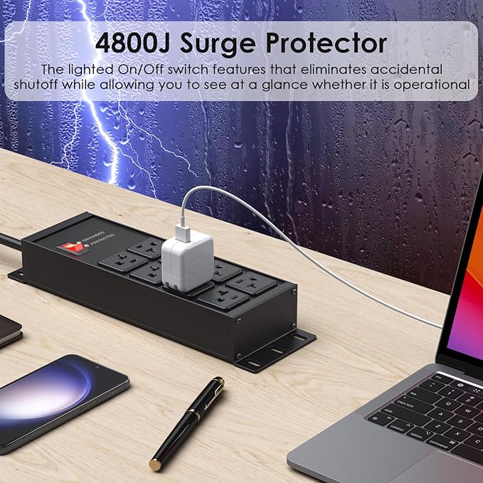 JUNNUJ Heavy Duty Surge Protector Power Strip 4800J, Garage Metal 8 Outlets 20 Amp 12 Gauge, High Amp 5-15P Adapter Shop 6-20R T-Slot Industrial Outlet, 6 FT Extension Cord Commercial for Appliance