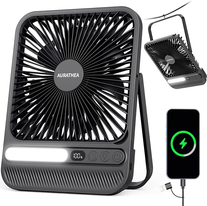 10000mAh Travel Fan, 7“ Portable Desk Fan, Ultra-thin Rechargeable Camping Fan with LED Light, Display, Timer for Camping, Office, Bedroom, Outdoor, Cruise Ship Essentials