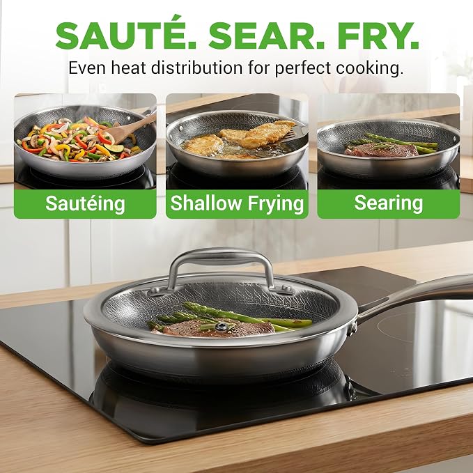 NutriChef 8" Stainless Steel Frying Pan with Lid -Triply Kitchenware Stir Fry Pan Kitchen Cookware w/DAKIN Etching Nonstick Coating, Scratch-resistant Raised-up Honeycomb Fire Textured Pattern -NC3PL8