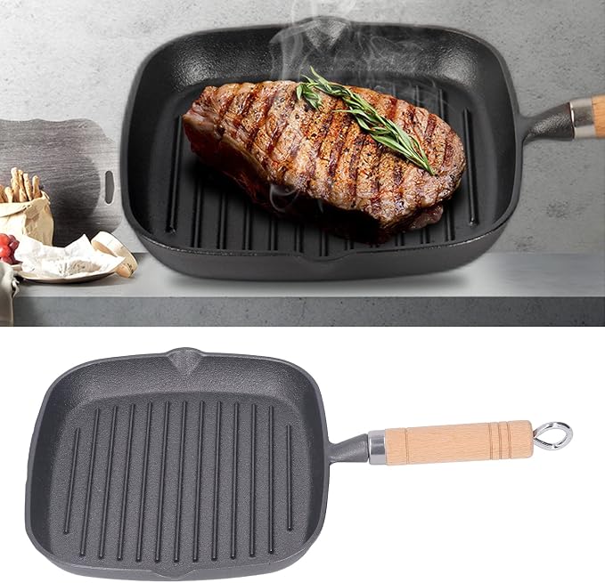Cast Iron Square Grill Pan,Nonstick Grill Pan,Multipurpose Prevents Stick Quadrate Cast Iron Steak Pan with Detachable Wooden Handle for Bacon Steak Onion