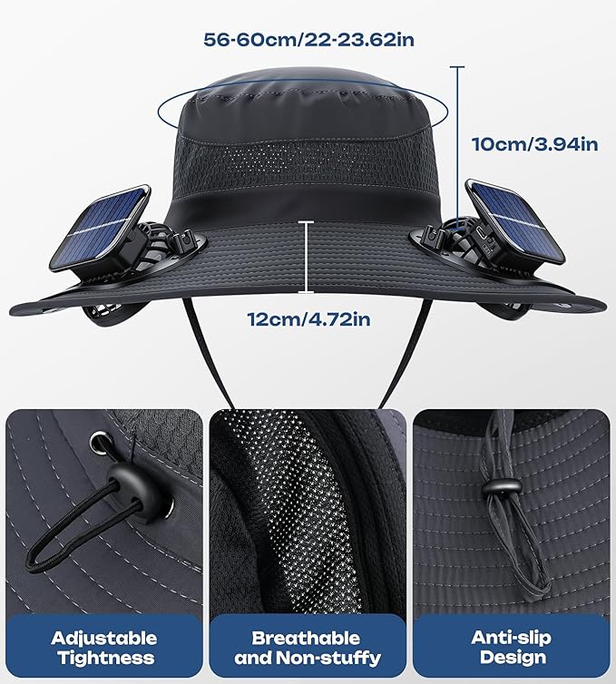 Solar Fan Hat with 4 Removable Fans, Wide Brim Fishing Hat for Men Women, USB Charging, Sun Hat for Outdoor Hiking, Gardening, Fishing Grey