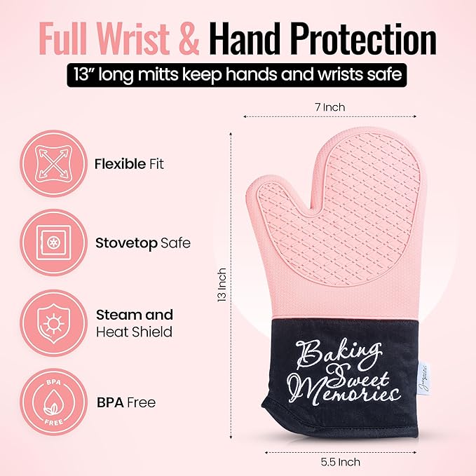 Mitts - Long Slip Resistant Pot Holders - Silicone Oven Mitts - Baking Gloves for Oven - Perfect for Baking, BBQ, Cooking, and Grilling, Oven Mitts Set of 2, 7''x13'' (Pink)