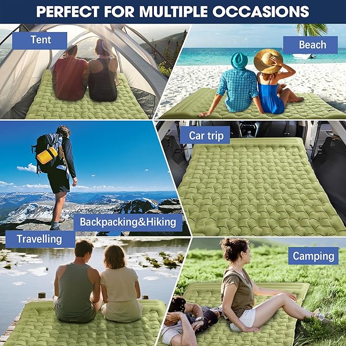 Double Sleeping Pad for Camping - 5" Ultra-Thick Camping Mattress with Pillow, Built-in Foot Pump, Compact 2-Person Portable Camping Mat for Backpacking, Hiking, Car Traveling, Beach, Tent