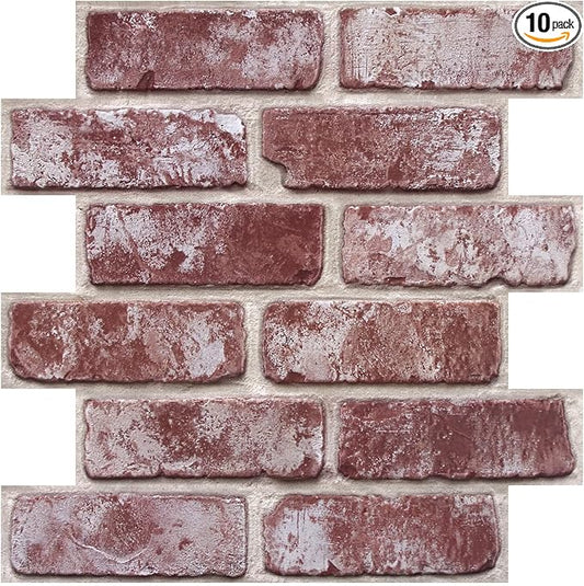 COMSTICKC 3D Faux Brick Wall Panels Peel and Stick Wall Covering,10 Pcs of 12"X12", Not Real Brick, Small Size,Thin PVC 3D Fake Brick for Interior Decor, Whitewash Red