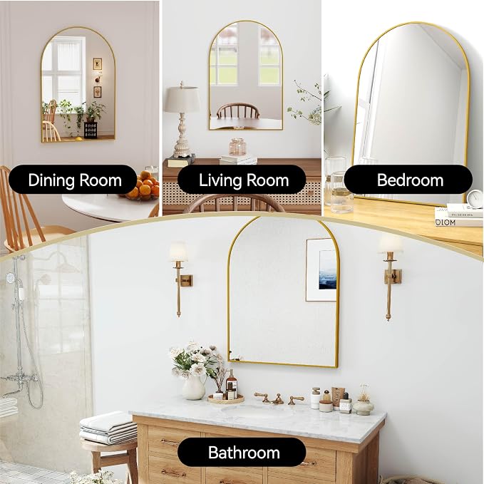 SCWF-GZ 24x36 Arch Mirror Rectangle Full Length Wall Mounted Hanging or Against Wall Metal Aluminum Alloy Frame Dressing Make-up Mirrors for Entryway Bedroom Bathroom Living Room 24 36 inch Gold