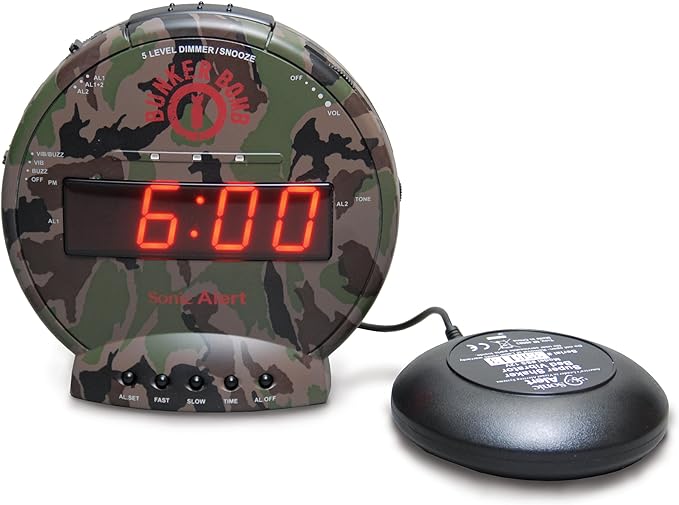Sonic Bomb Dual Alarm Clock with Bed Shaker, Camouflage | Sonic Alert Vibrating Alarm Clock Heavy Sleepers, Battery Backup | Wake with a Shake